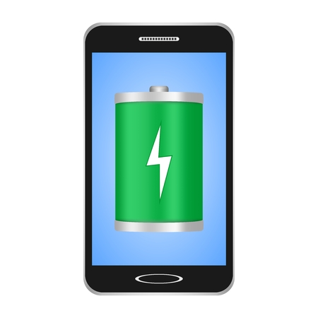 Black switched smartphones with blue display with a green flashlight with a white flash showing the phone's charge on a white backgroundのイラスト素材