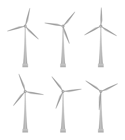 Set of steel wind turbines on a concrete pedestal mounted with screws with a different turbine position on a white background. Collection turbine for environmental energy in the countryのイラスト素材