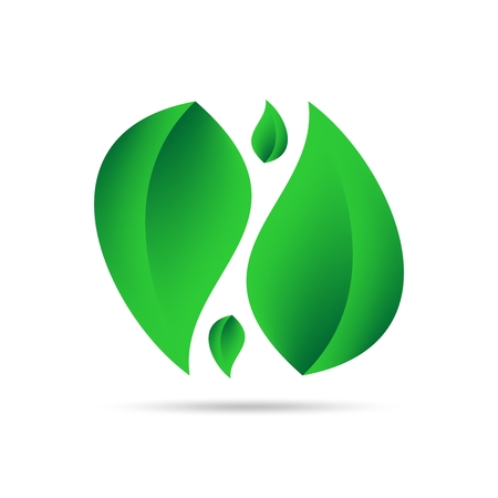 Eco icon from green leaves side by side on a white background with gray shadow on the bottom. Abstract design naturalのイラスト素材