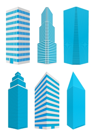 Set of different concrete high skyscrapers with inputs with blue windows and doors on a white background.のイラスト素材