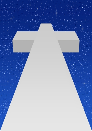 Bottom view of a white marble stone cross with a blue night flashing star sky background. Standing Christian symbolのイラスト素材