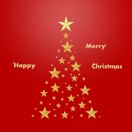Red Christmas card with a gold Christmas tree composed of gold illuminating stars with a glowing writing  Happy Merry Christmas on a red backgroundのイラスト素材