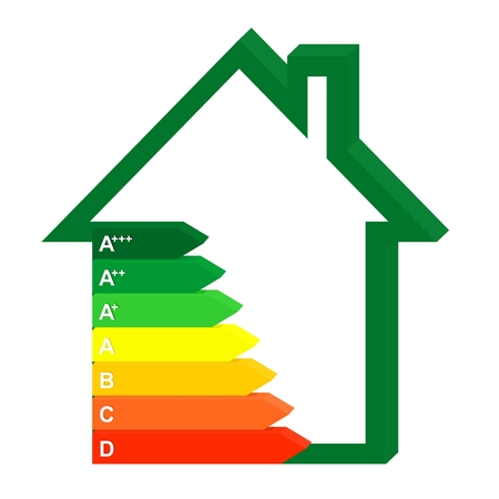 3D Color Icon Energy class home next to a green house. Graph saving and energy consumption householdsのイラスト素材