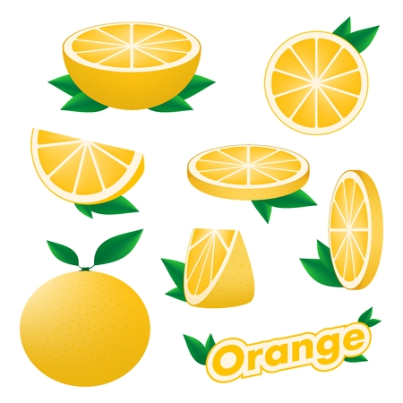Set of fresh citrus sliced and whole orange with skin with green leaves on a white background. The concept of healthy eating.のイラスト素材