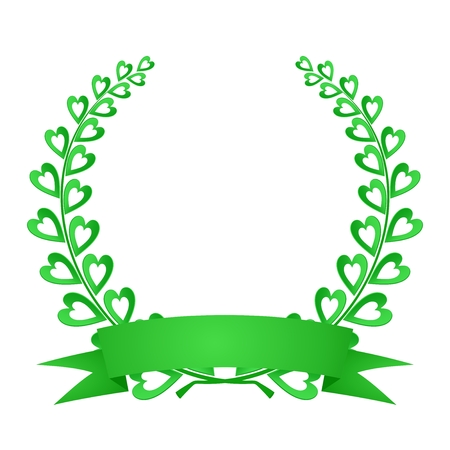 Green laurel wreath green composed of two branches with colorful hearts and stems with a green ribbon for the place for winner on a white backgroundのイラスト素材