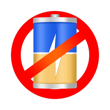 Red prohibition sign with battery with a flash. Prohibit the use or thrown away of batteries. Do not use batteries on a white backgroundのイラスト素材