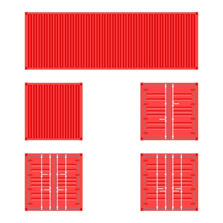 Set of different views of red cargo transport containers for logistics transportation and shipping on a white backgroundのイラスト素材