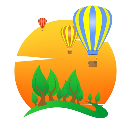 Summer landscape icon with orange sunset, with green deciduous tree on hill on with colorful hot air balloons flying and white clouds . Holiday greeting for a romantic trip. A sign for environmental.のイラスト素材