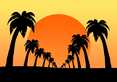 Romantic summer desert landscape with orange sunset with waves of sand and contour palm trees in a row with leaves and trunk with orange sun on the horizonのイラスト素材
