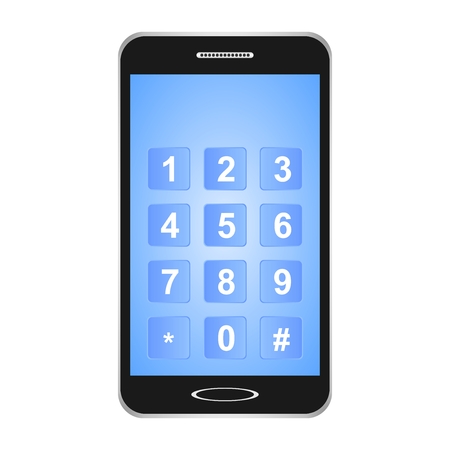 Black switched smartphones with blue display with a touch screen with blue buttons and white password numbers on a white background.のイラスト素材