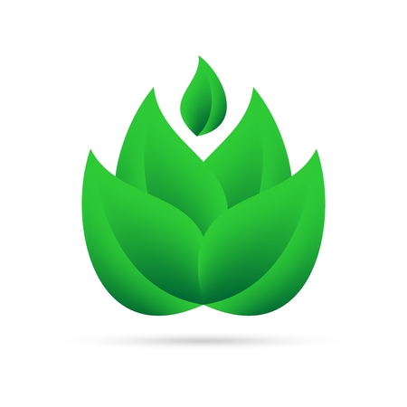 Eco icon from green leaves above myself on a white background with gray shadow on the bottom. Abstract design natural plantのイラスト素材