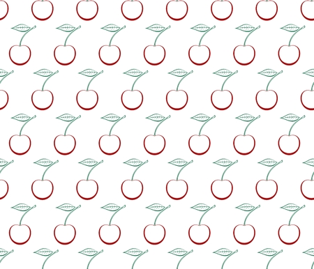 Background with contour of ripe red cherry with green stem with brown end and green leaf in row next...