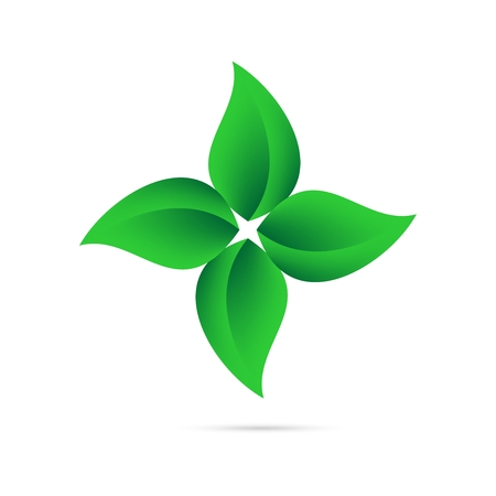 Eco icon from green leaves in a circle on a white background with gray shadow on the bottom. Environmental abstract design natural round shapeのイラスト素材