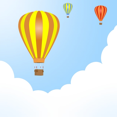 Flying color hot air balloons with hanging wicker basket with background weight with white and blue cloudsのイラスト素材