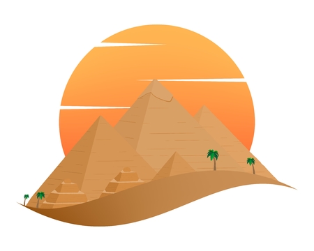 The icon with the Egyptian Pyramids of Giza in the Sand with orange sun in the background of palm trees with brown trunk with green leaves on a white backgroundのイラスト素材