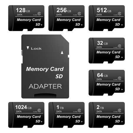 Set of black standard digital sd memory cards front and back with gold contact with adapter for sd...