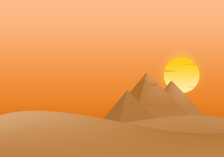Summer Landscape with sunset and the Egyptian Pyramids of Giza in the Sand with yellow and orange cloud sun in the orange sky.のイラスト素材