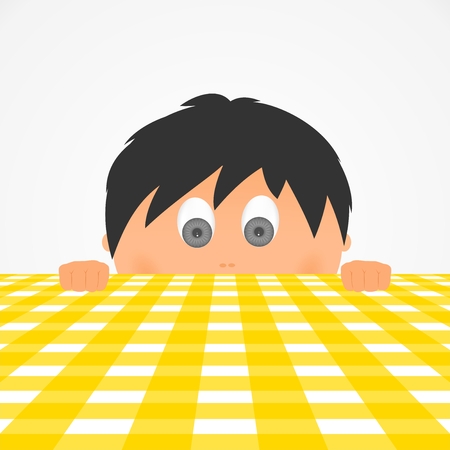 Surprise boy children's face with black hair color and gray eyes with fingers on the table and looking over the yellow square tablecloth. Combed child with earsのイラスト素材
