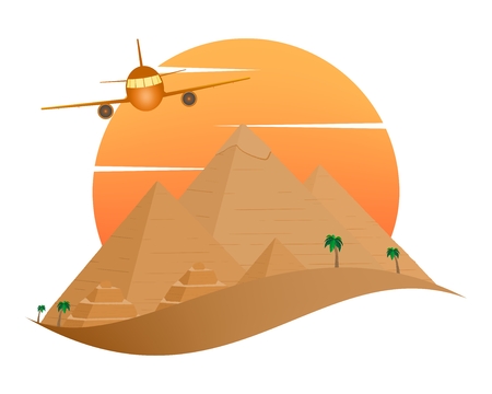 The icon with the Egyptian Pyramids of Giza in the Sand with orange sun in the background of palm trees with brown trunk with green leaves and flying aircraft on a white backgroundのイラスト素材