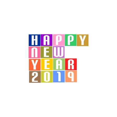 New Year Greetings for 2019 with white lettering happy new year 2019 on the colored squares in the middle on a white backgroundのイラスト素材