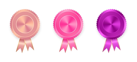 Set of labels orange, pink and purple with colored ribbons with gold ribbon on white background. Collection of world medals for winning products orange medal, pink medal, purple medalのイラスト素材