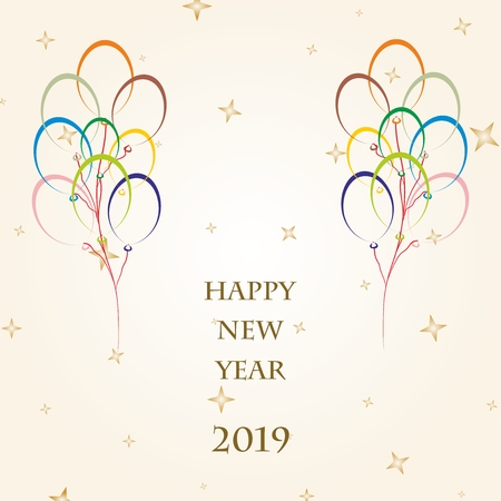 New Year Greetings for 2019 with colorful balloons flying on a gold background with gold stars and the word Happy New Year 2019のイラスト素材