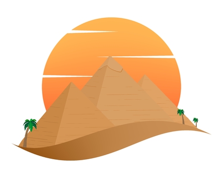 The icon with the Egyptian Pyramids of Giza in the Sand with orange sun in the background of palm trees with brown trunk with green leaves on a white backgroundのイラスト素材