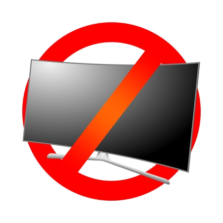 Red prohibition sign with lcd multimedia television. Prohibit the use electronic. Do not use monitor on a white backgroundのイラスト素材