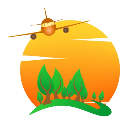 Summer landscape icon with orange sunset, with green deciduous tree on hill on with colorful aircraft flying and white clouds . Holiday greeting for a romantic trip. A sign for environmentalのイラスト素材