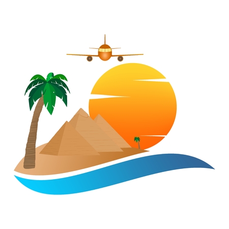 The icon with the Egyptian Pyramids of Giza in the Sand with orange sun in the background of palm trees with brown trunk and blue water with green leaves and flying aircraft on a white backgroundのイラスト素材