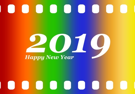 New year greetings for 2019 with colorful blank film and photographic window with white inscription Happy new year and number 2019 on a color backgroundのイラスト素材