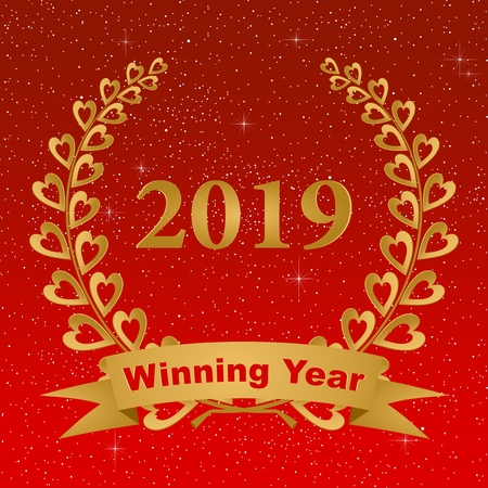 New year greeting card with gold laurel wreath composed of two branches with colorful hearts and stems with a gold ribbon for the 2019 year on a red background with starsのイラスト素材