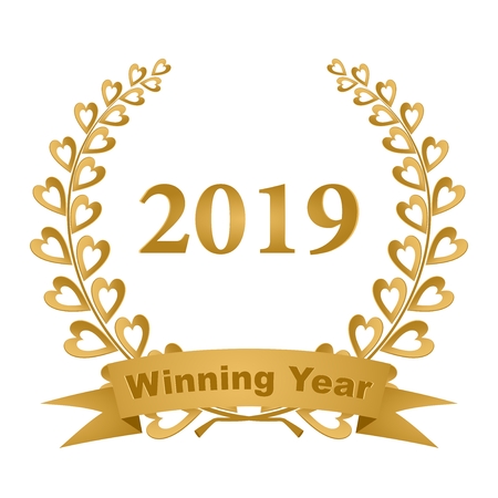 New year greeting card with gold laurel wreath composed of two branches with colorful hearts and stems with a gold ribbon for the 2019 year on a white backgroundのイラスト素材