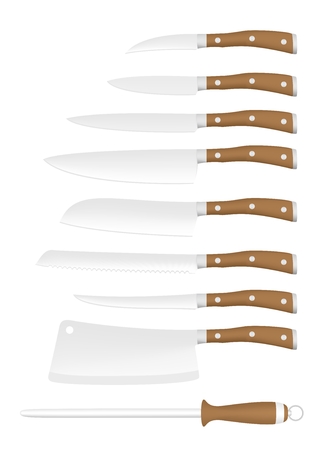 Set of kitchen steel knives for chef and wooden handle with rivet and stainless trim with a grinder on a white backgroundのイラスト素材