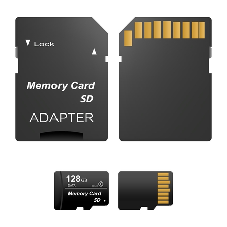 Set of black standard 1024 gb digital sd memory cards front and back with gold contact with adapter for sd card on a white background. Collection media card for digital dataのイラスト素材
