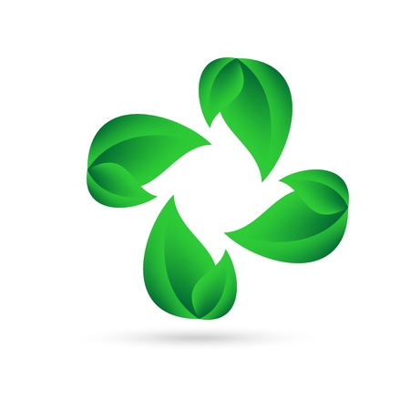 Eco icon from green leaves in a circle on a white background with gray shadow on the bottom. Environmental abstract design natural round shapeのイラスト素材