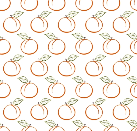 Background with contour ripe orange peach with green stem with brown end and green leaf in row next to each other and alternately under him on white background. Ripe autumn natural home made fruitのイラスト素材