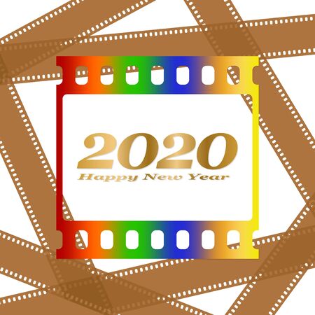 New year greetings for 2020 with colorful blank film and photographic window with golden inscription Happy new year and number 2020 on a background of brown film stripsのイラスト素材