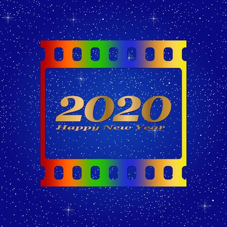 New year greetings for 2020 with colorful blank film and photographic window with golden inscription Happy new year and number 2020 on a blue background with startsのイラスト素材
