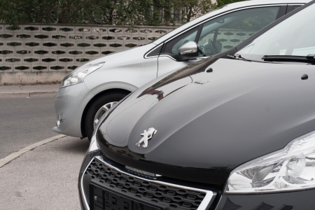 Row of new peouget cars at dealershipのeditorial素材