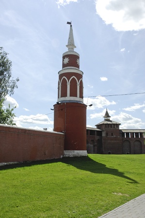 Partly reconstructed brick wall and tower of old fortress in Kolomna town near Moscow, Russiaの写真素材