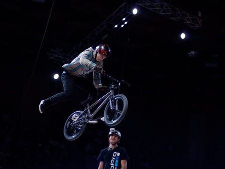 MOSCOW, RUSSIA - FEBRUARY 11: Unidentified bike trial rider at festival of Extremals sports at Lugniki on February 11, 2012 in Moscow, Russiaのeditorial素材