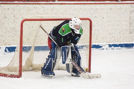 PODOLSK - FEBRUARY 25 : Unidentified goaltender of team Avangard Podolsk on a Lukashov`s memoriam game in Podolsk,  on February 25, 2012  in Podolsk, Russiaのeditorial素材