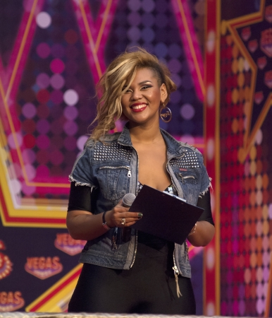 MOSCOW - NOVEMBER 4  Kornelia Mango sing on a performance dedicated to the second anniversary of open largest Moll in Europe VEGAS on November 4, 2012 in Moscow, Russiaのeditorial素材