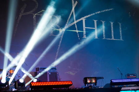 MOSCOW - MARCH 28: Billboard of arena Russia with beems in Luzhniki stadium just before fights tournament FIGHT-15: Revenge on September 28, 2014 in Luzhniki stadium, arena Russia, in Moscow, Russiaのeditorial素材