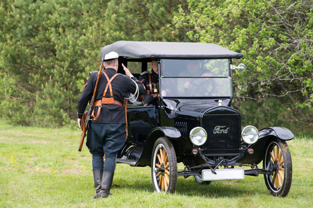 RUSSIA, CHERNOGOLOVKA - MAY 17: General Kornilov arrive to the battle field on car on History...