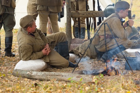 RUSSIA, BORODINO - OCTOBER 12: Unidentified soldiers resting near the fire on reenactment of the...