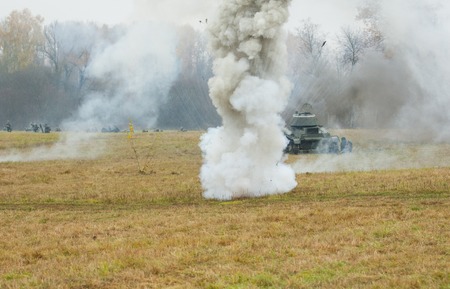 RUSSIA, BORODINO - OCTOBER 12: Father Daniel, Dean of St. Nicholas Cathedral on reenactment of the battle in WWII near the Borodino village in 1941, in Moscow region, Borodino, on 12 October, 2014, Russiaのeditorial素材