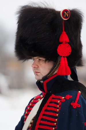 RUSSIA, APRELEVKA - FEBRUARY 7: Unidentified russian musketeer posing on reenactment of the...