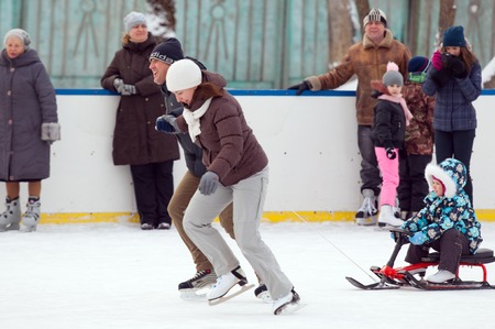 MOSCOW - JANUARY 25: Unidentified people run with sledge on family sport event on January 25, 2015...